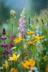 Close-up of a cluster of wildflowers with different textures and colors, showcasing their intricate beauty and diversity