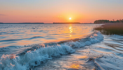 Obraz premium Peaceful lake at sunset, with soft waves and calming reflections in the water