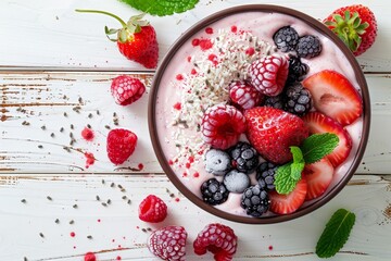 Coconut milk and berry smoothie bowl with superfood ingredients for a healthy breakfast concept top view on white wooden table rustic style