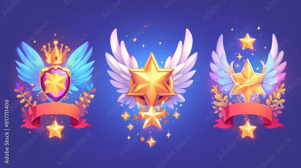 Poster a circle badge frame for a game ui avatar design with wings, golden crowns and stars, red ribbon ban