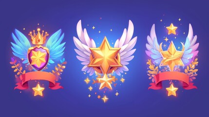A circle badge frame for a game UI avatar design with wings, golden crowns and stars, red ribbon banners. A set of cartoon modern illustration elements with empty fantasy reward border elements.