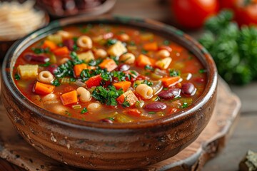Minestrone Soup: A bowl of vegetable-rich minestrone soup with visible chunks of vegetables, beans, and pasta, in a hearty broth.