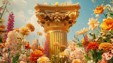 An ornate, gilded podium, surrounded by a garden of fresh, vibrant flowers, against a backdrop of a clear, blue sky.