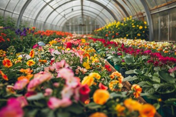 Colorful flowers in a greenhouse