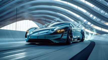 Fototapeta premium car on the road,vibrant green electric cars speeding across