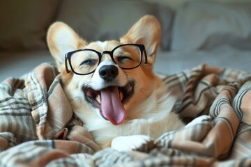 Cute corgi in glasses lounging in bed watching TV and feeling relaxed on a day off