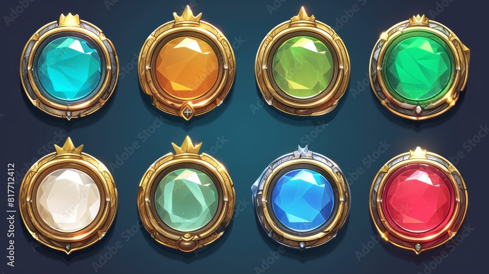 Poster fantasy game ui button icon set. aesthetic round level rings with crowns. medieval gui interface bad