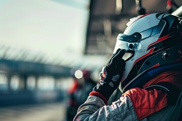 Fototapeta premium Driver at racing school donning helmet before hitting the track
