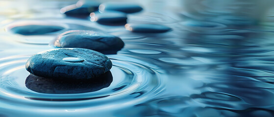 blue stones in water creating ripples meditation background, international yoga day concept