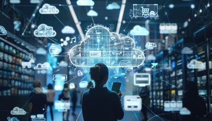 An immersive depiction of cloud computing connections, merging lifestyle choices, shopping habits, and global financial structures.