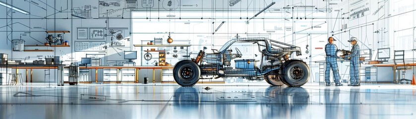 Fototapeta premium An educational set up showing young children learning about automobile mechanics, handson with engine parts, in a clean, modern workshop environment, sketched in a detailed, realistic style 8K , high-