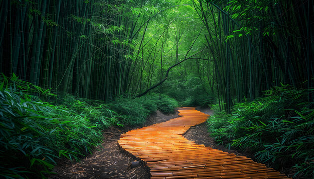 Calming rhythms of winding trails through serene bamboo forests, the quiet atmosphere perfect for reflection