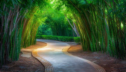 Calming rhythms of a winding path through serene bamboo groves, dappled light creating a soothing...