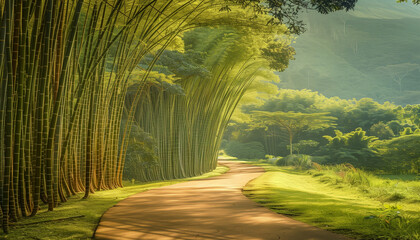 Calming rhythms of a winding path through serene bamboo groves, dappled light creating a soothing scene