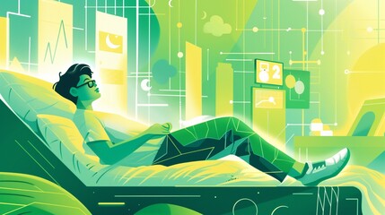 An illustration of a person using a wearable device to track their sleep patterns and optimize their rest.