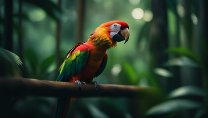 Obraz premium A colorful parrot perched in the heart of the rainforest, echoing the calls of the wild. 