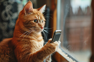 A cat holding a smartphone while looking at the camera. Smart, cute cat uses phone to surf the internet.
