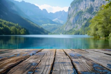 Empty wooden table top with blurred summer lakes mountain background exuberant