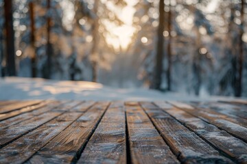Empty wooden table with blurred winter background in Finland Exciting picture