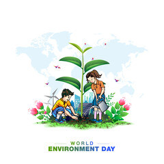 Modern Creative World Environment Day. School Children Kids planting green tree plant and world map background.