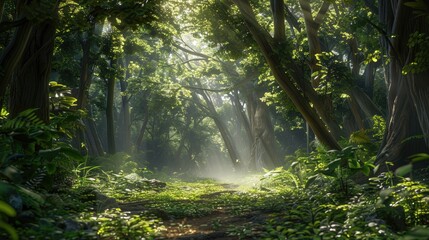 An enchanting forest glade with sunlight filtering through the lush canopy.