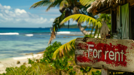 For Rent Sign by a Tropical Beach.