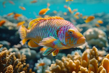 Fototapeta premium Parrotfish grazing on coral reefs, symbolizing reef health and biodiversity. 