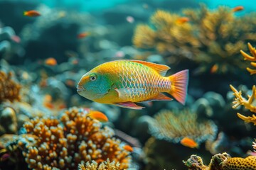 Obraz premium Parrotfish grazing on coral reefs, symbolizing reef health and biodiversity. 