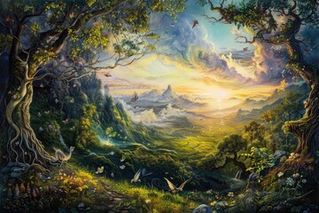 An enchanting fantasy painting filled with magical creatures and enchanting landscapes, sparking imagination in viewers.