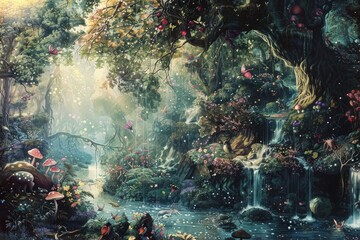 An enchanting fantasy painting filled with magical creatures and enchanting landscapes, sparking imagination in viewers.