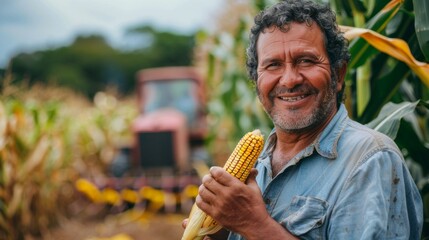 Fototapeta premium photography of a brazilian middle age man holding a corn cob on his hand on a corn field wearing a plain pastel olive green shirt with a harvester on the background