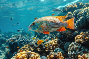 Naklejka premium Parrotfish grazing on coral reefs, symbolizing reef health and biodiversity. 