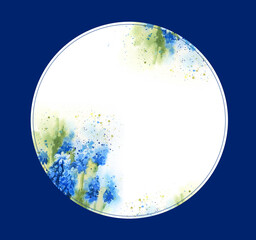 Watercolor round frame with blue hyacinths, banner with spring flowers, hand drawn sketch, spring illustration on dark blue background