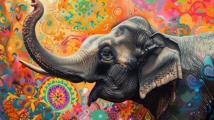 an elephat paintig with colourful splashes and different patterns