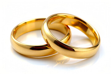 2 gold wedding rings on white background