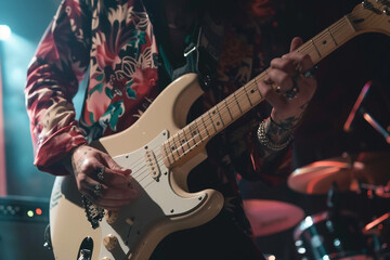Naklejka premium Crazy rockers at rock concert in night club heavy metal performance rock and roll lifestyle Generative AI