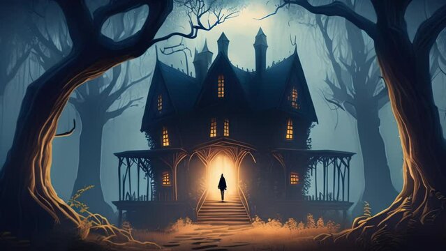 A haunted house stands in the middle of a spooky forest at night, illuminated by the eerie glow of the moon and dim lights from within. 