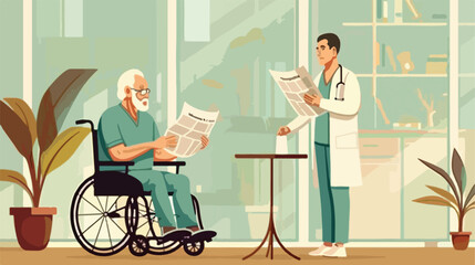 Senior man in wheelchair with newspaper and nurse on