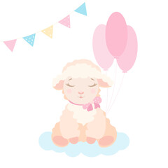 Baby sheep girl with balloons. Vector illustration for newborn, shower baby, birthday, holiday, party. Invitation, greeting, celebration card.