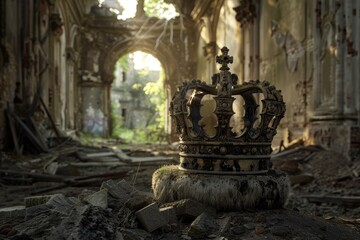 A crown is sitting on the ground in a desolate, abandoned building