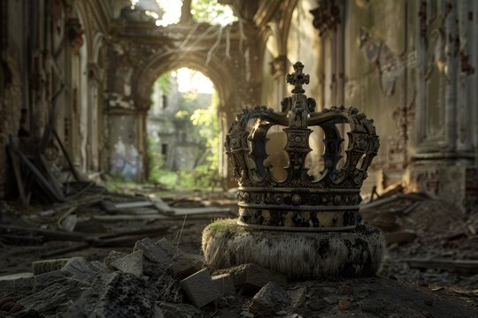 A crown is sitting on the ground in a desolate, abandoned building