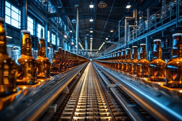 Obraz premium Selective focus of modern beverage production, glass bottles in factory, conveyor line