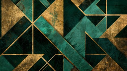 Abstract background ,that celebrates the golden age of design with geometric patterns in vintage emerald green, radiant gold, and deep black
