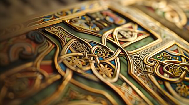 Draw a captivating image of the Book of Kells, an illuminated manuscript containing the four Gospels, with intricate Celtic knotwork and vibrant colors, using pencil technique to capture the intricate