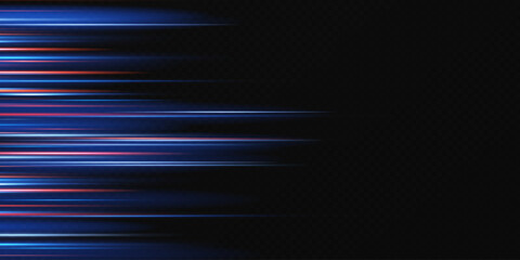 Neon lines moving light effect. Horizontal lines. Speed ​​effect on a transparent background. Lines of light, speed and movement  © kulinskaia