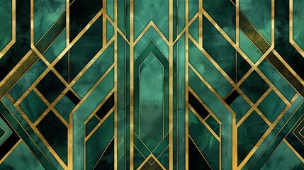 Abstract background with geometric patterns in vintage emerald green, gold, and black, evoking the opulence and glamour 
