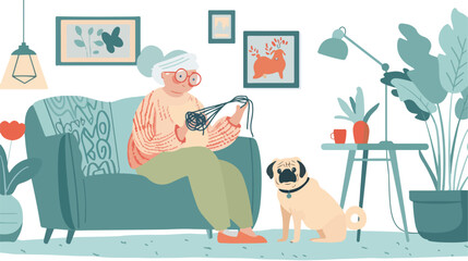Senior woman with knitting yarn and pug dog on sofa a