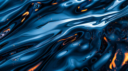 Smooth lines in dark blue. The texture of a viscous liquid on a dark background with bright golden splashes. Abstract background concept.
