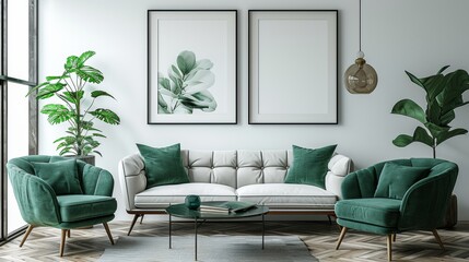 modern living room with sofa,White sofa and chair with green pillows against white wall with two posters, frames. Art deco classic interior design of modern living room