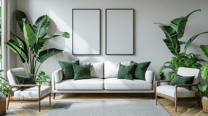 modern living room with sofa,White sofa and chair with green pillows against white wall with two posters, frames. Art deco classic interior design of modern living room